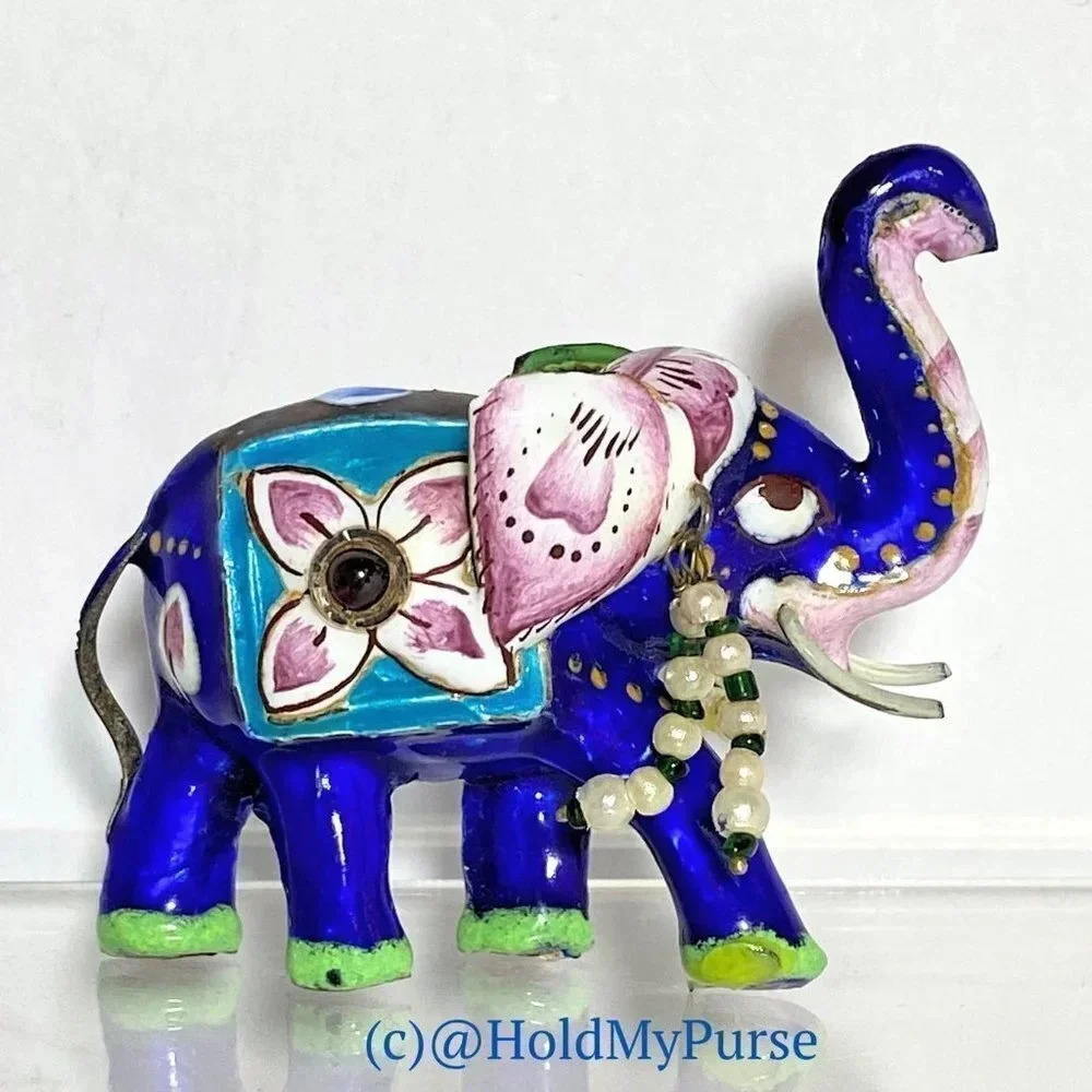 Meenakari Enamel on Sterling Silver Elephant Figurine w/ Mini Travel Jewelry Bag - Picture 5 of 8